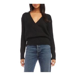 Fifteen Twenty Women’s Wool Blend Black Fuzzy Wrap Surplice Neck Sweater Small